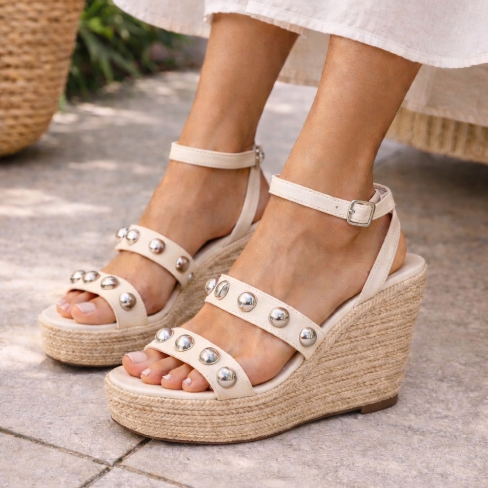 Cinq à Sept Studded Espadrille Wedge Sandals White Pearl Leather Size 40